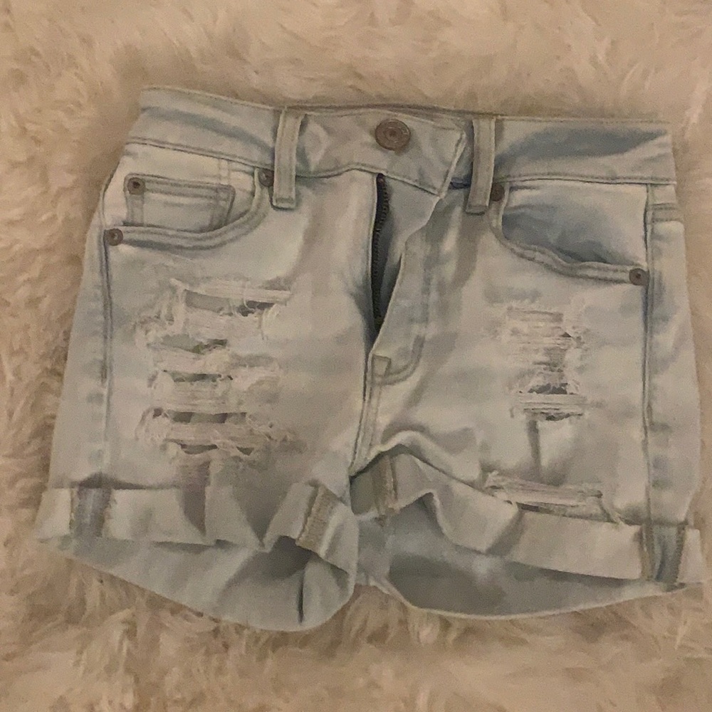 aeo ripped light wash “high rise shortie” shorts